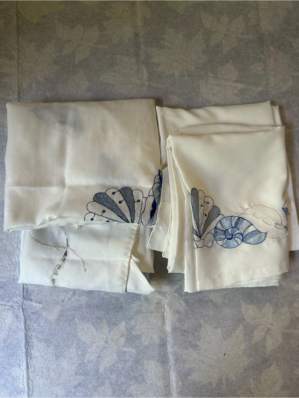 White with Blue Shell Embroidery Curtain Panels and Valences